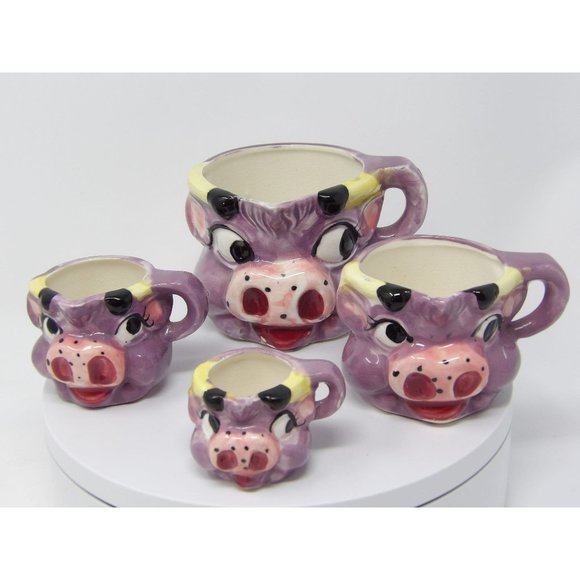 Vintage Hand Painted Thames Japan Purple Cow Measuring Cups 4 Piece Set